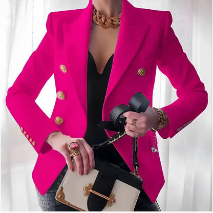Women's Double-Breasted Blazer with Gold Buttons and Tailored Peak Lapel