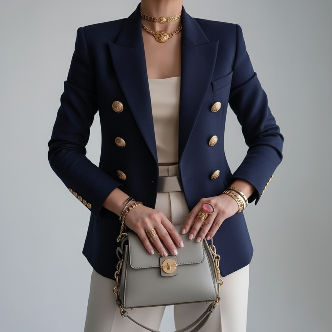Kristen | Women's Gold Button Double-Breasted Blazer
