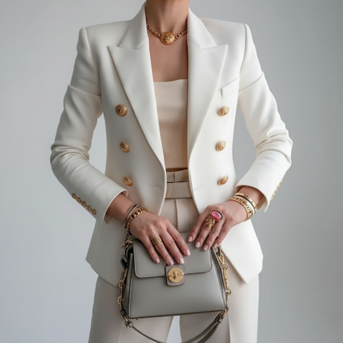 Kristen | Women's Gold Button Double-Breasted Blazer