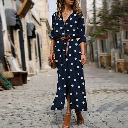 Polka Dot Long Sleeve Button Down Shirt Maxi Dress