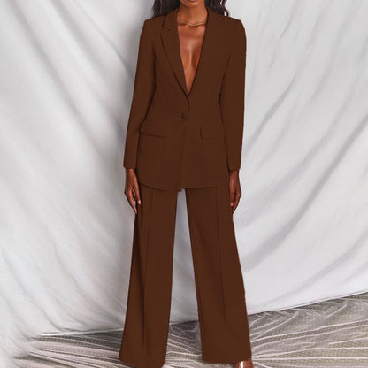 Women's Blazer and Wide-Leg Pants Suit Set with Single-Breasted Jacket