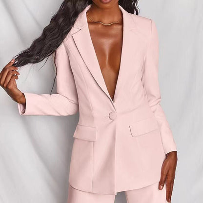 Women's Blazer and Wide-Leg Pants Suit Set with Single-Breasted Jacket