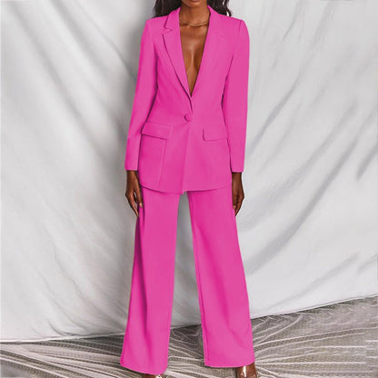 Women's Blazer and Wide-Leg Pants Suit Set with Single-Breasted Jacket
