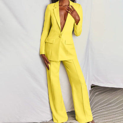 Women's Blazer and Wide-Leg Pants Suit Set with Single-Breasted Jacket