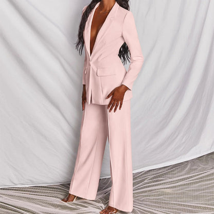 Women's Blazer and Wide-Leg Pants Suit Set with Single-Breasted Jacket