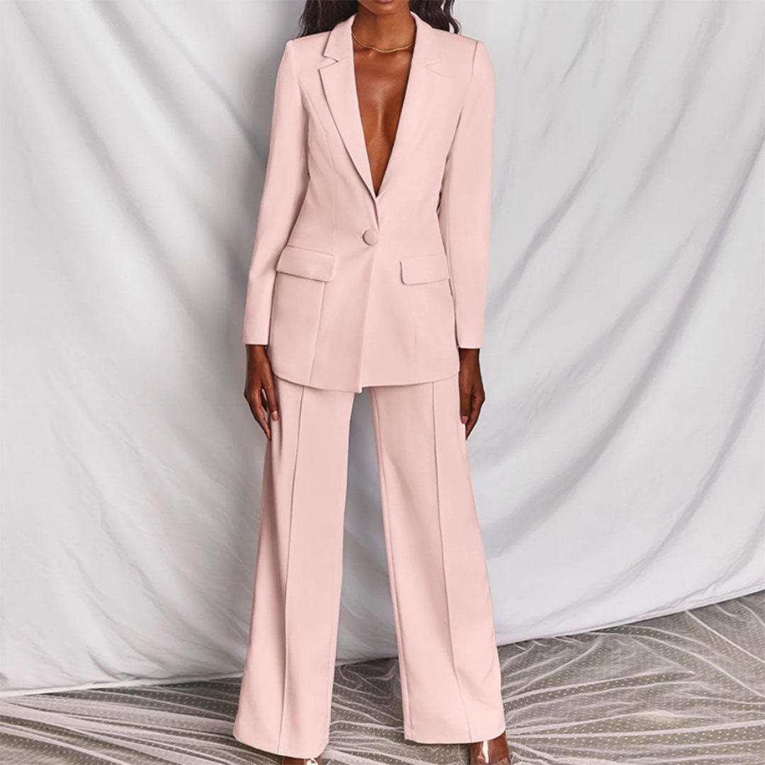 Women's Blazer and Wide-Leg Pants Suit Set with Single-Breasted Jacket