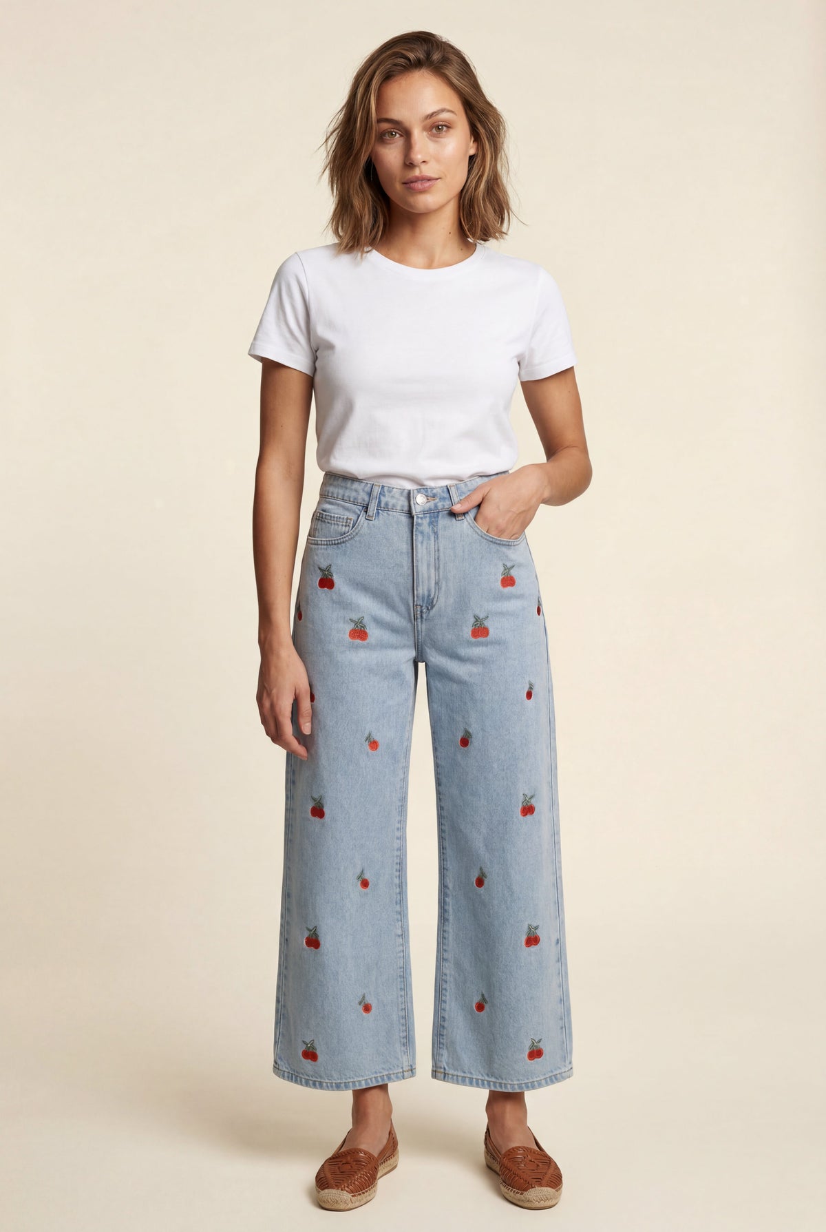 Rosalind | Cherry Embroidered High Waisted Cropped Wide Leg Jeans
