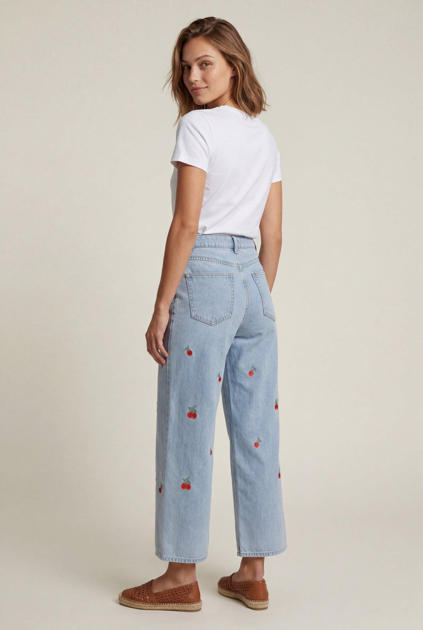 Rosalind | Cherry Embroidered High Waisted Cropped Wide Leg Jeans