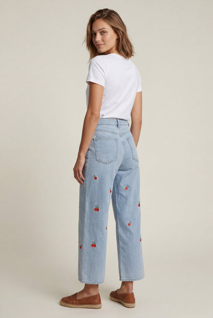 Rosalind | Cherry Embroidered High Waisted Cropped Wide Leg Jeans