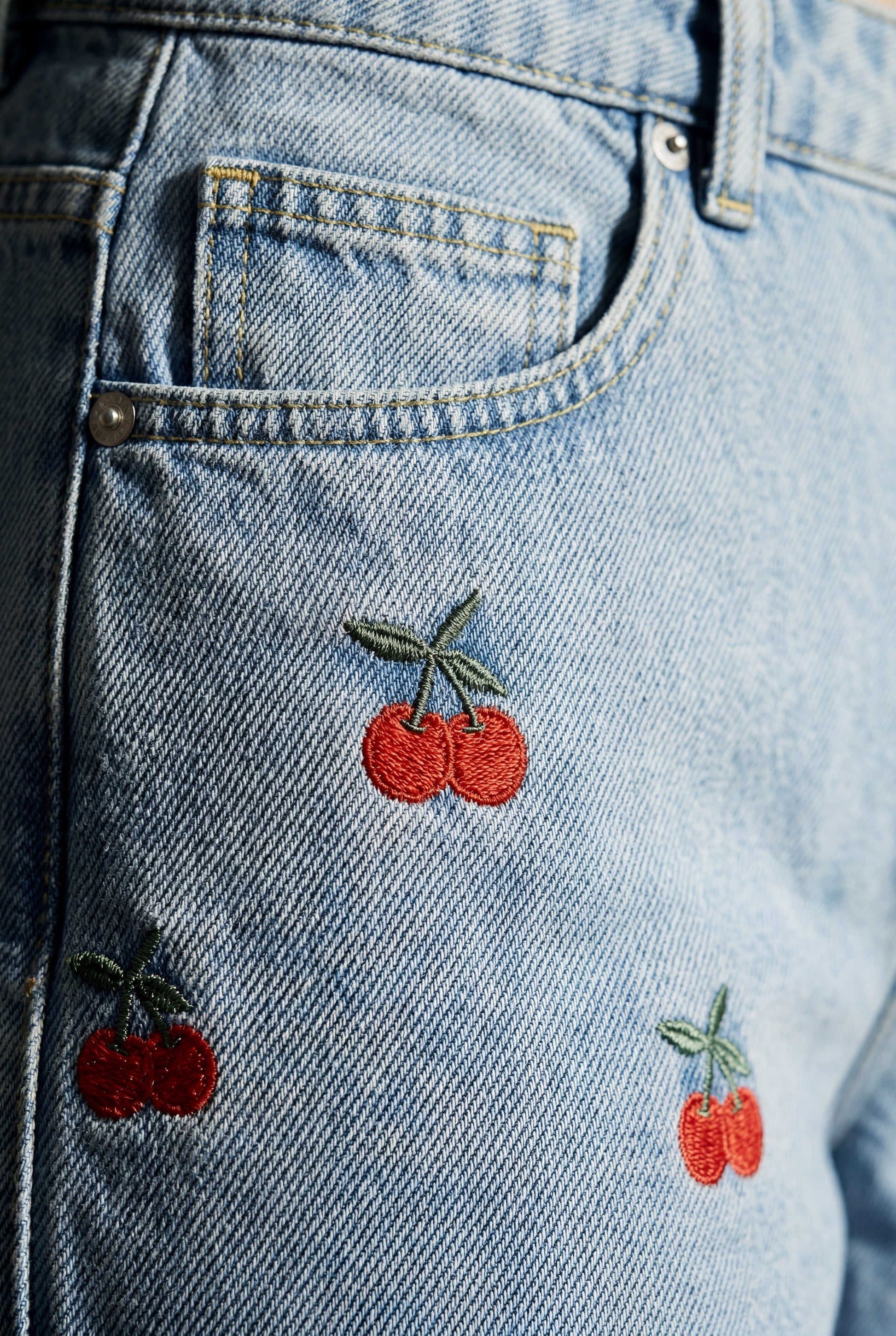 Rosalind | Cherry Embroidered High Waisted Cropped Wide Leg Jeans