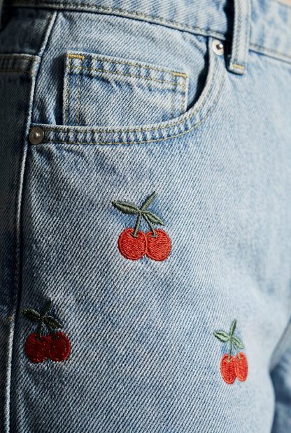 Rosalind | Cherry Embroidered High Waisted Cropped Wide Leg Jeans