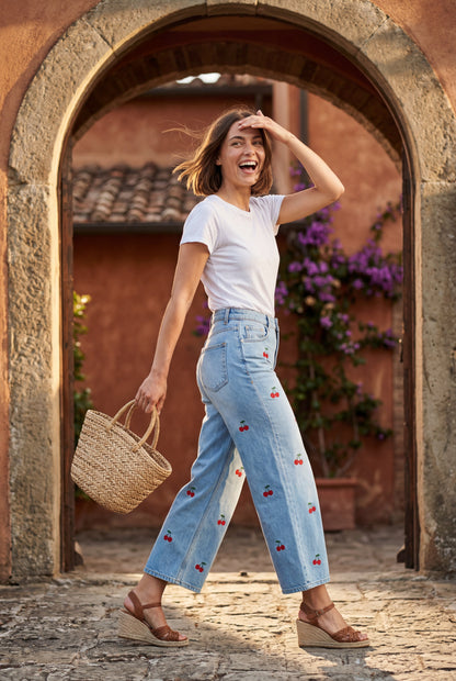 Rosalind | Cherry Embroidered High Waisted Cropped Wide Leg Jeans