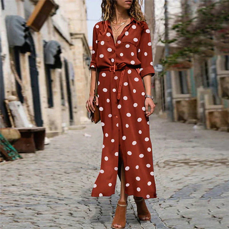 Polka Dot Long Sleeve Button Down Shirt Maxi Dress