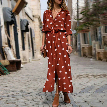 Polka Dot Long Sleeve Button Down Shirt Maxi Dress