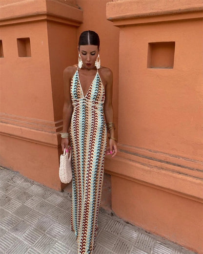Devon | Crochet Halter-Neck Open Back Maxi Vacation Dress