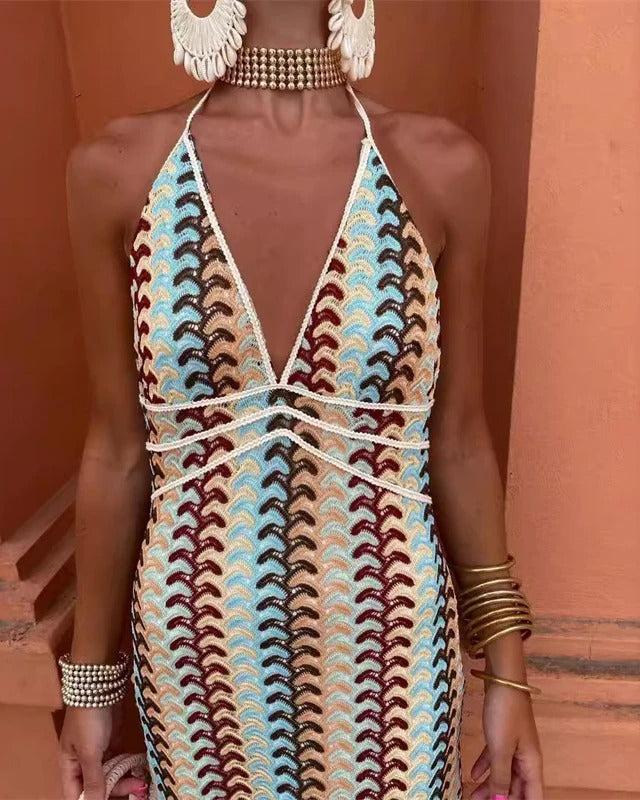 Devon | Crochet Halter-Neck Open Back Maxi Vacation Dress