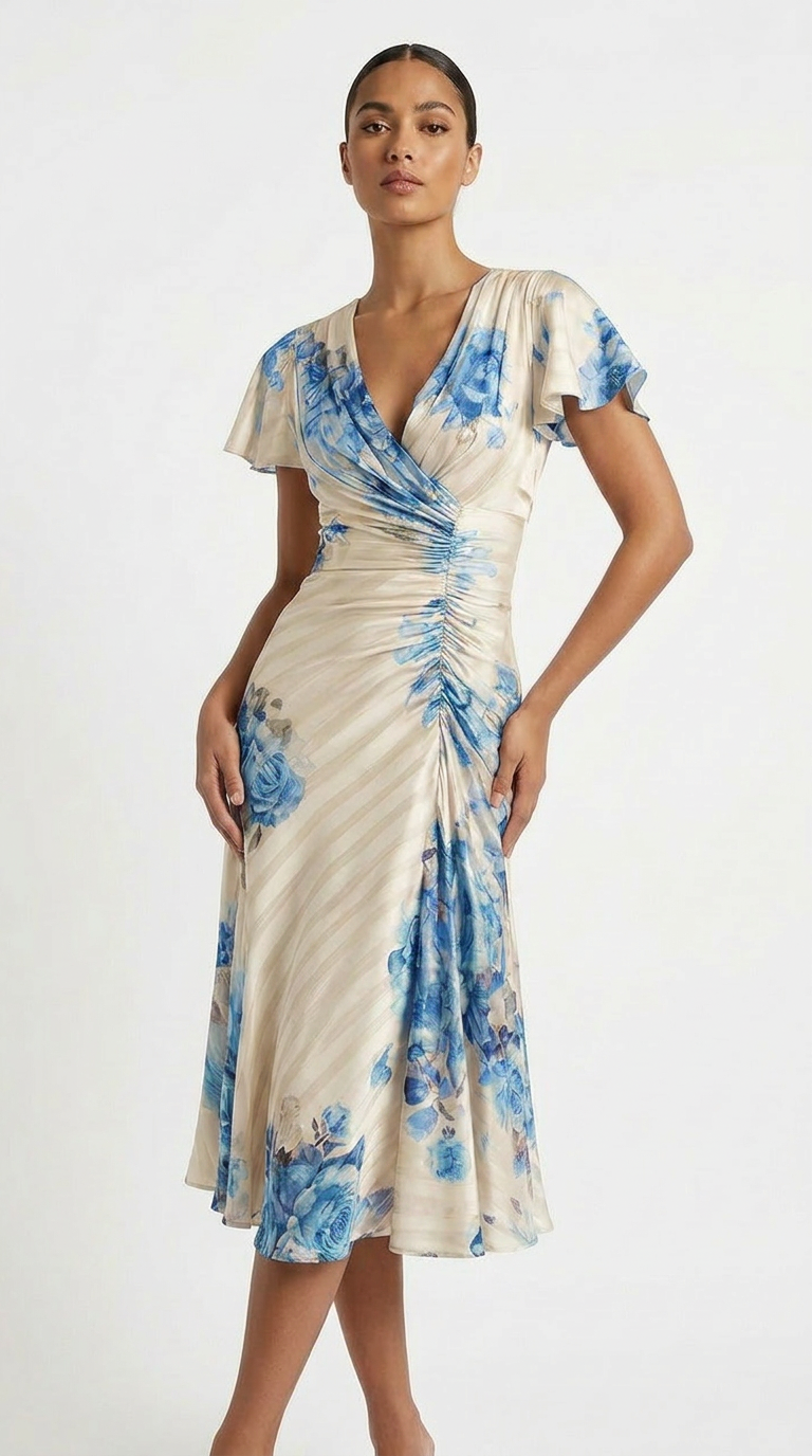 Brielle | Floral Ruched Wrap Wedding Guest Midi Dress