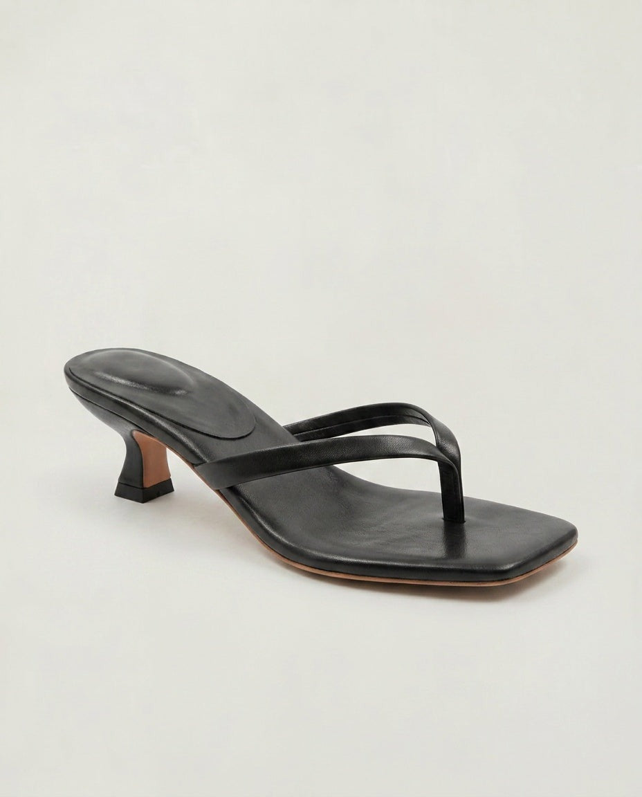 Noelia | Black Square Toe Thong Kitten Heel Sandals 1