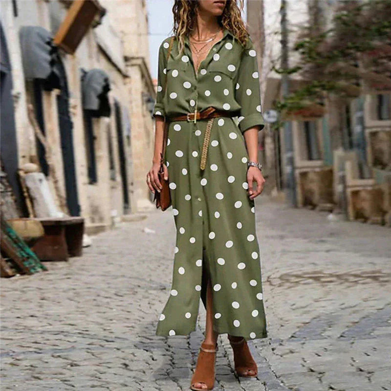 Polka Dot Long Sleeve Button Down Shirt Maxi Dress