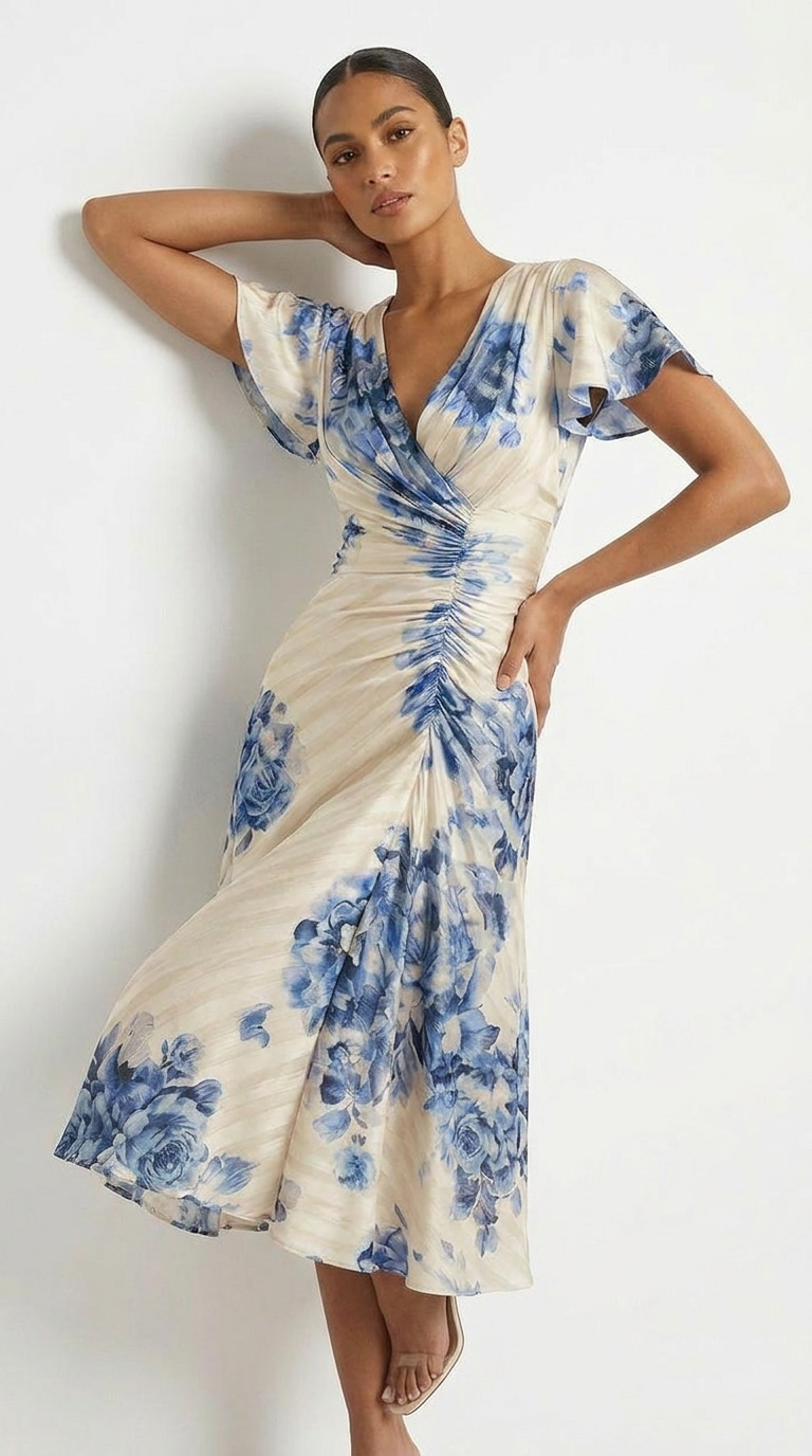 Brielle | Floral Ruched Wrap Wedding Guest Midi Dress