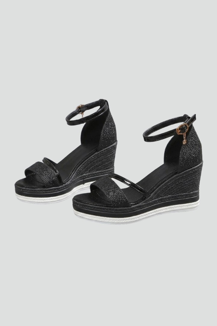 Ophelia | Black Glitter Espadrille Wedge Sandals with Ankle Strap 1