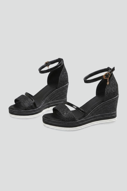 Ophelia | Black Glitter Espadrille Wedge Sandals with Ankle Strap 1