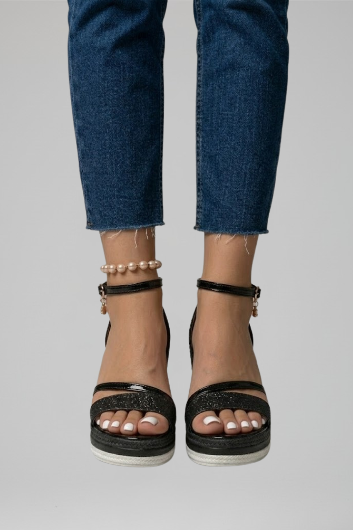 Ophelia | Black Glitter Espadrille Wedge Sandals with Ankle Strap 3