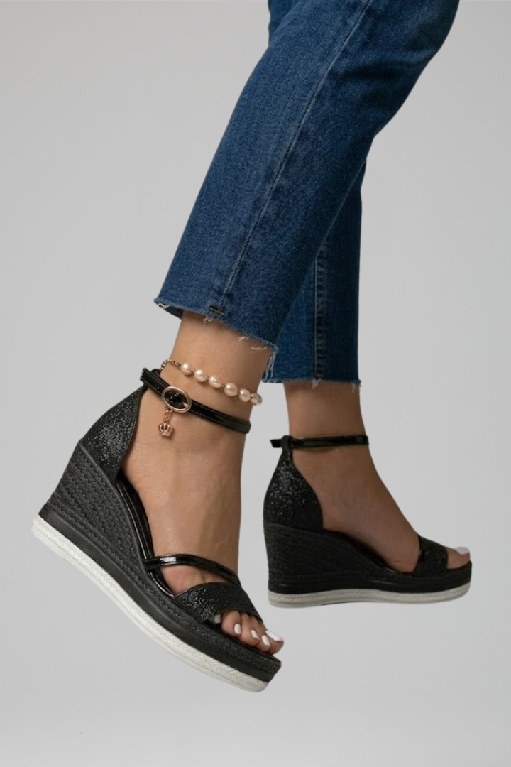 Ophelia | Black Glitter Espadrille Wedge Sandals with Ankle Strap 4