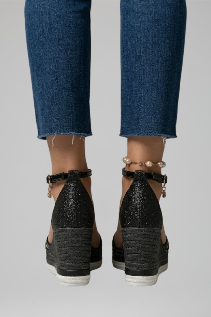 Ophelia | Black Glitter Espadrille Wedge Sandals with Ankle Strap 5