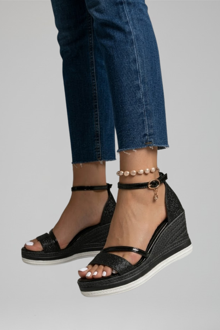 Ophelia | Black Glitter Espadrille Wedge Sandals with Ankle Strap 6