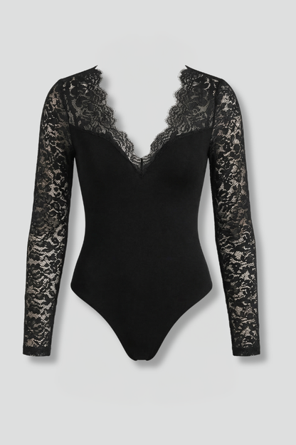 Ondine | Black Lace Long Sleeve V Neck Bodysuit 1