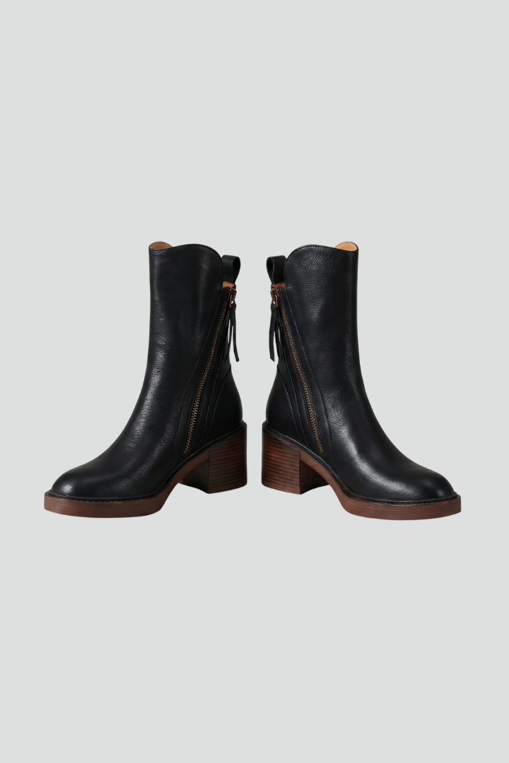 Talia | Black Leather Angled Zip Ankle Boots with Block Heel 1