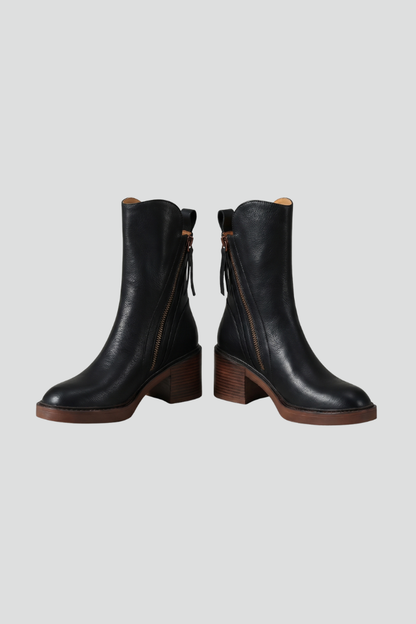 Talia | Black Leather Angled Zip Ankle Boots with Block Heel 1