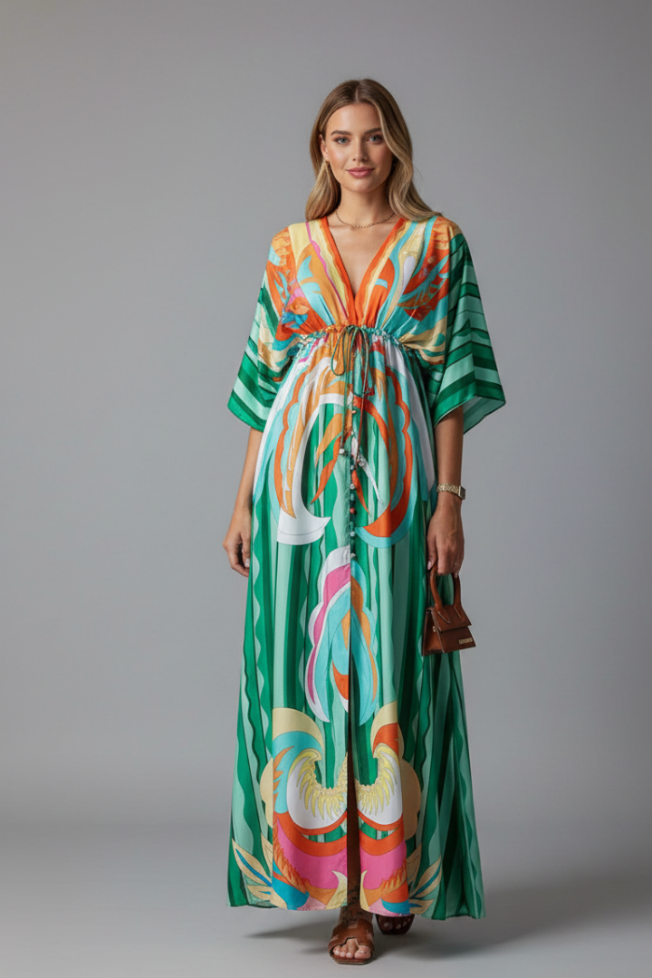 Yvette | Green Abstract Print Kimono Sleeve Maxi Dress 2