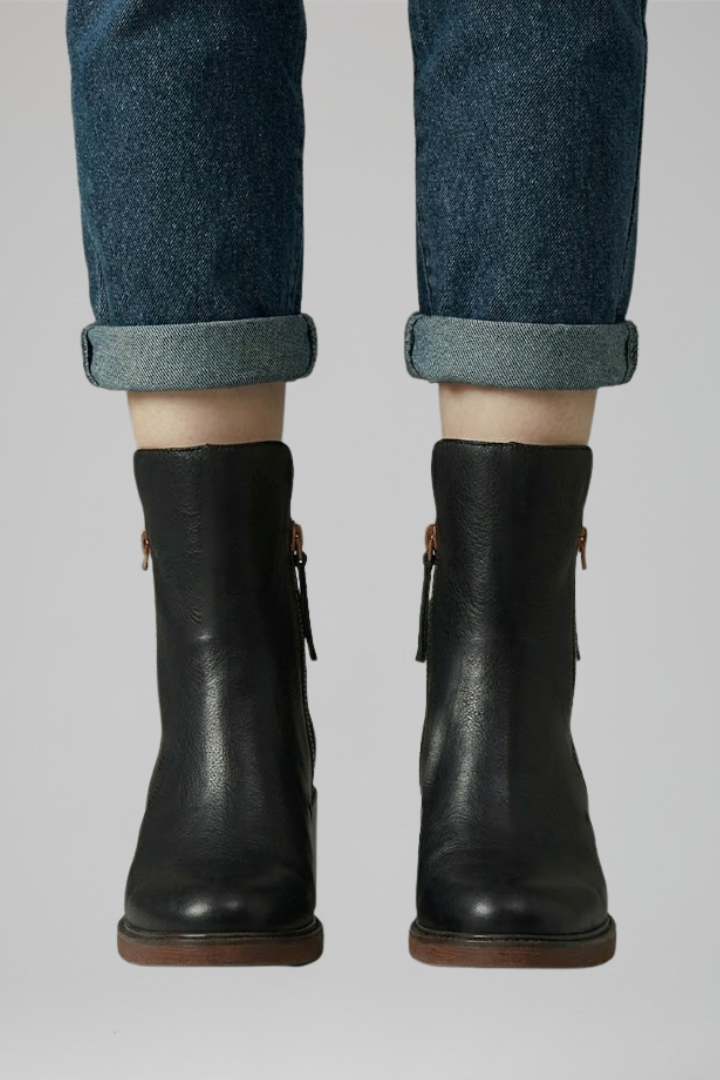 Talia | Black Leather Angled Zip Ankle Boots with Block Heel 3