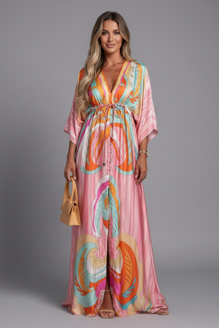 Yvette | Green Abstract Print Kimono Sleeve Maxi Dress 3
