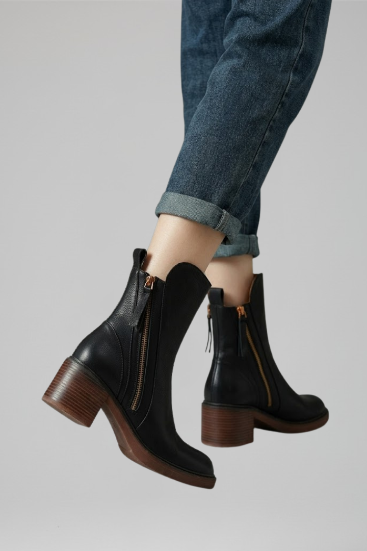 Talia | Black Leather Angled Zip Ankle Boots with Block Heel 4