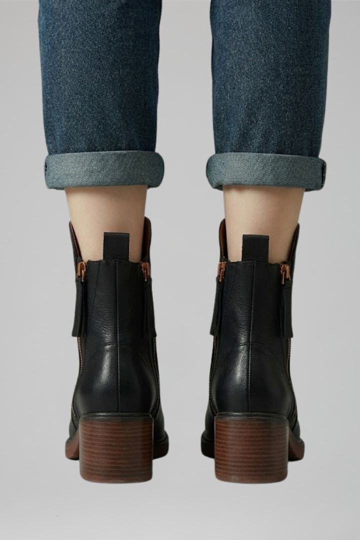Talia | Black Leather Angled Zip Ankle Boots with Block Heel 5