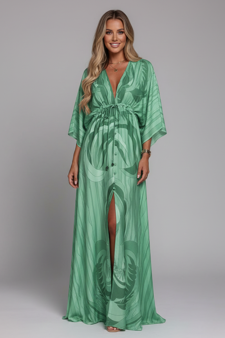Yvette | Green Abstract Print Kimono Sleeve Maxi Dress 5