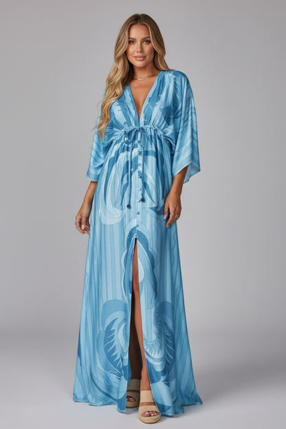 Yvette | Green Abstract Print Kimono Sleeve Maxi Dress 6