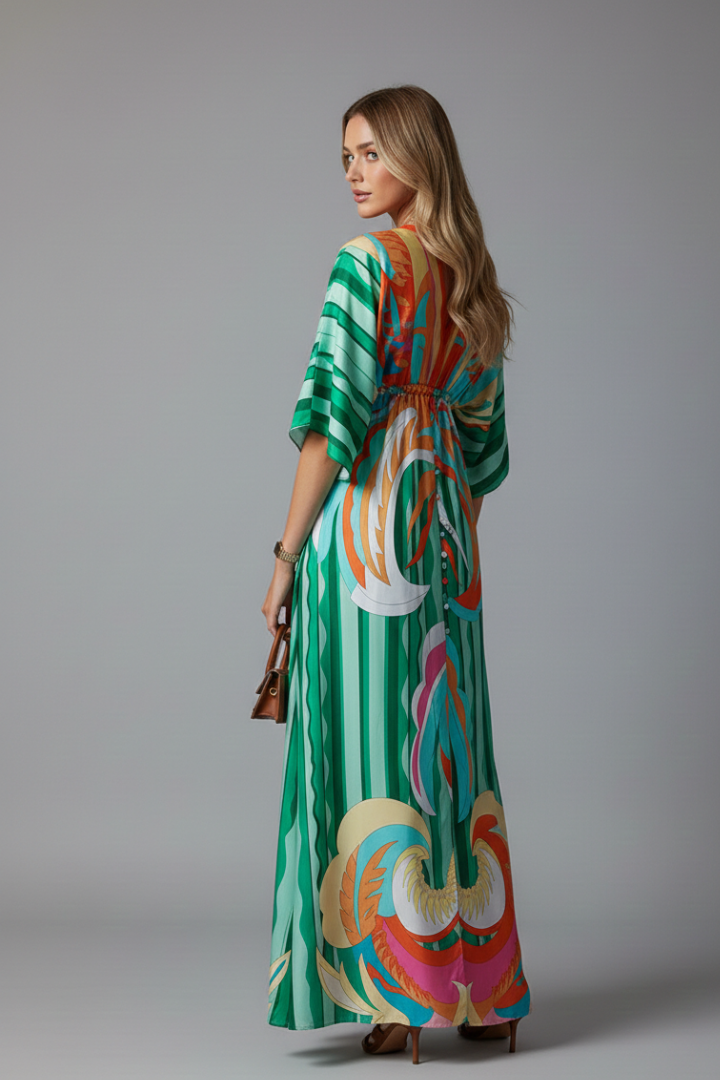 Yvette | Green Abstract Print Kimono Sleeve Maxi Dress 8