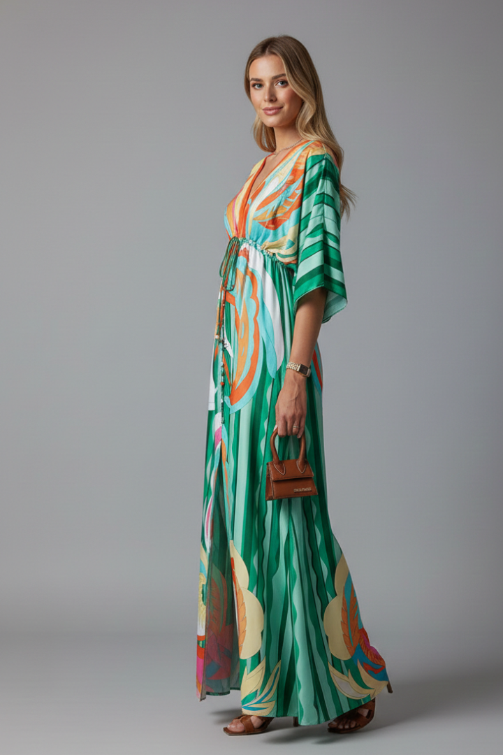 Yvette | Green Abstract Print Kimono Sleeve Maxi Dress 9