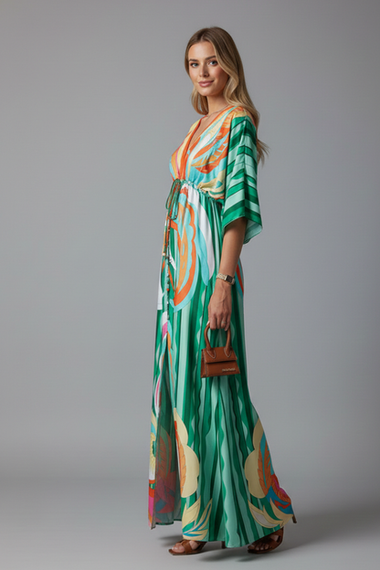 Yvette | Green Abstract Print Kimono Sleeve Maxi Dress 9