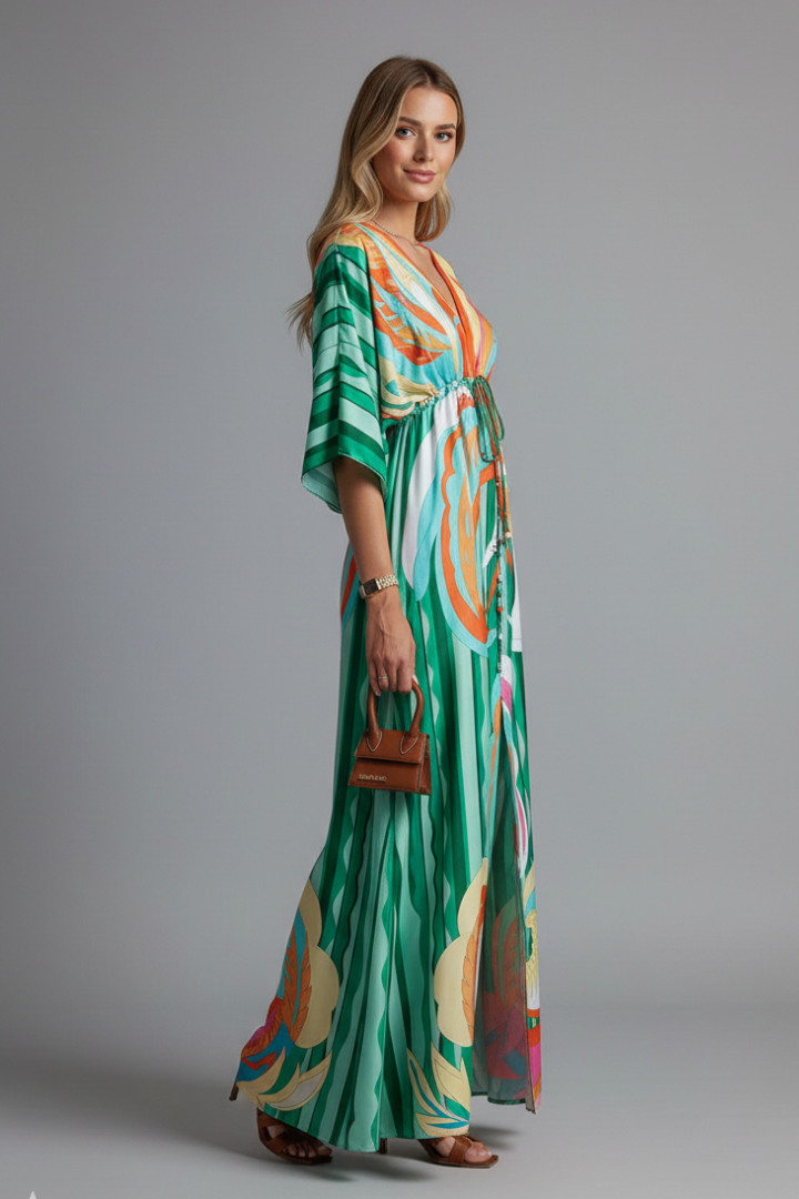 Yvette | Green Abstract Print Kimono Sleeve Maxi Dress 10
