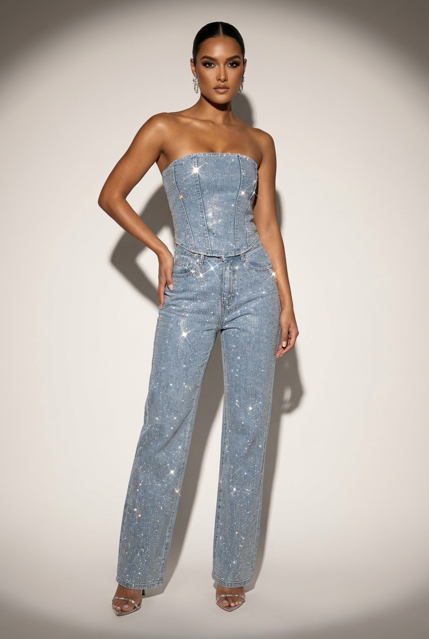 Micaela | Black Sequin Strapless Top and High Waisted Trousers Set 1