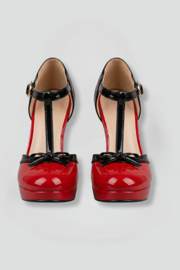 Suki | Red Patent T Strap Platform Heels with Bow 1