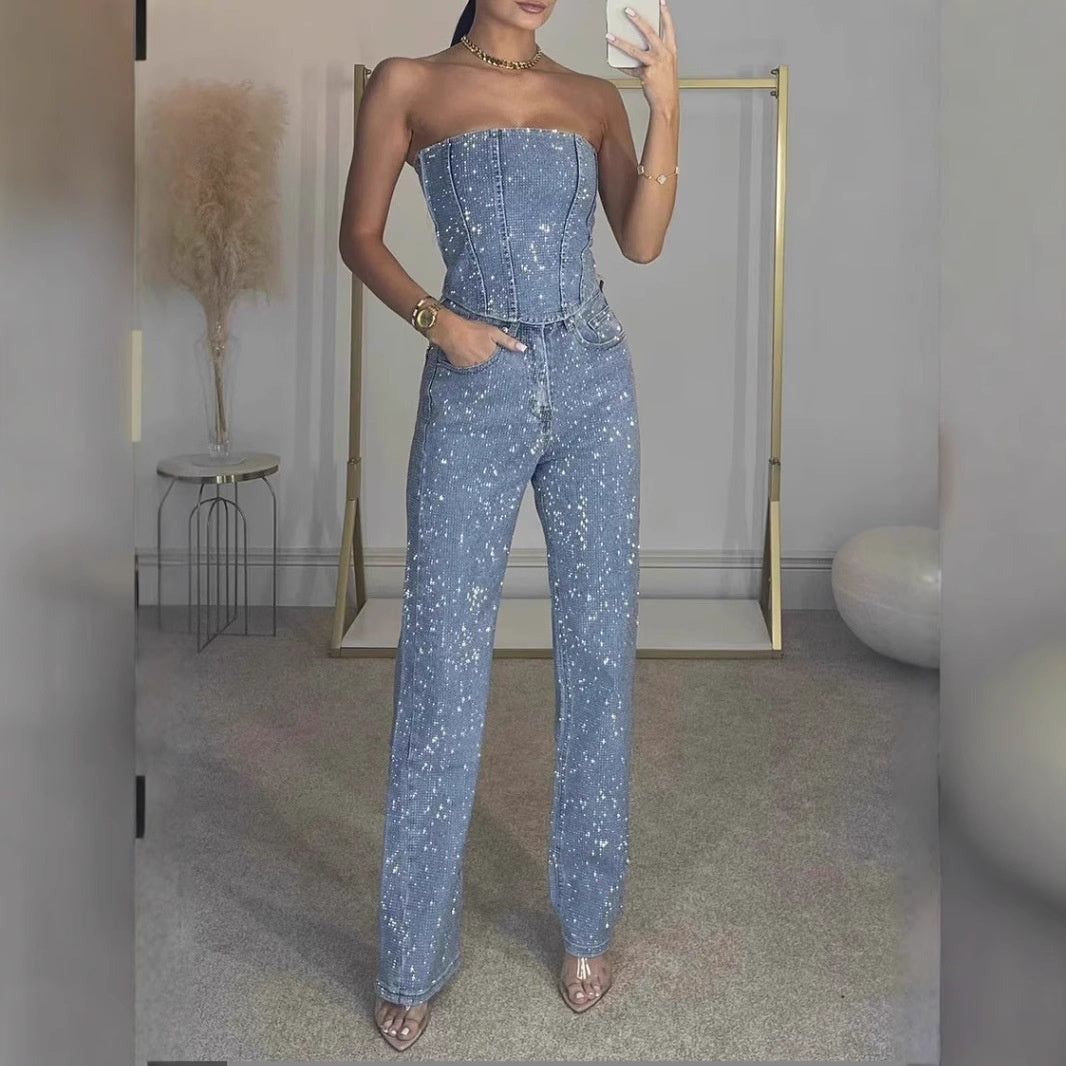 Micaela | Black Sequin Strapless Top and High Waisted Trousers Set 3