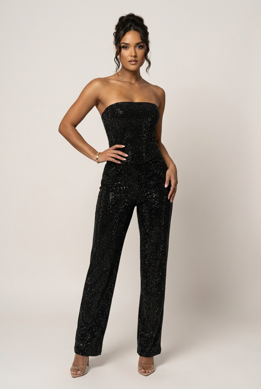 Micaela | Black Sequin Strapless Top and High Waisted Trousers Set 5