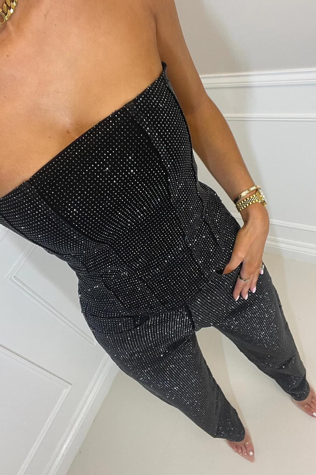 Micaela | Black Sequin Strapless Top and High Waisted Trousers Set 8