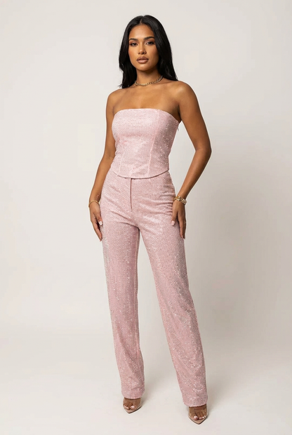 Micaela | Black Sequin Strapless Top and High Waisted Trousers Set 9
